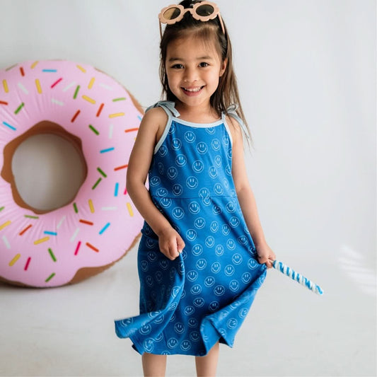 Kids' Bamboo Bow Strap Dress | Blue Smilies-1