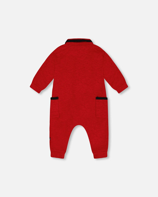 Button Front Jumpsuit Red Mix-1