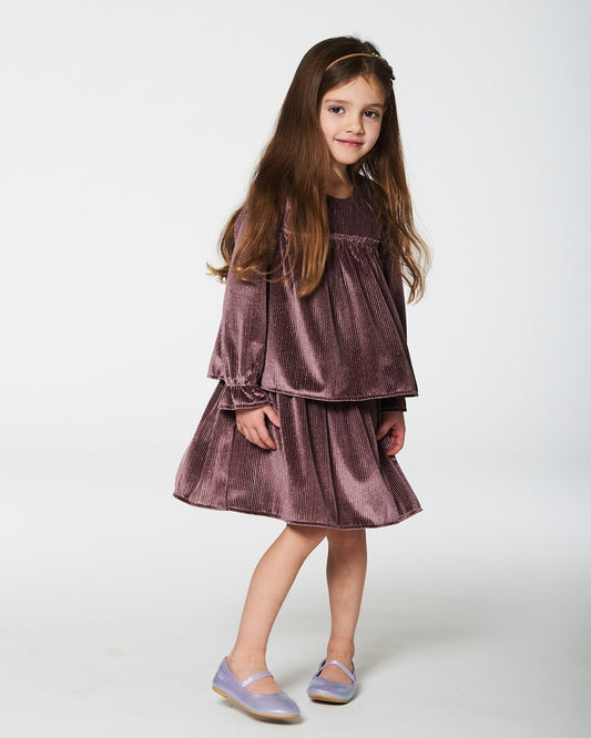 Long Sleeve Metallic Dress With Frills Burgundy-1