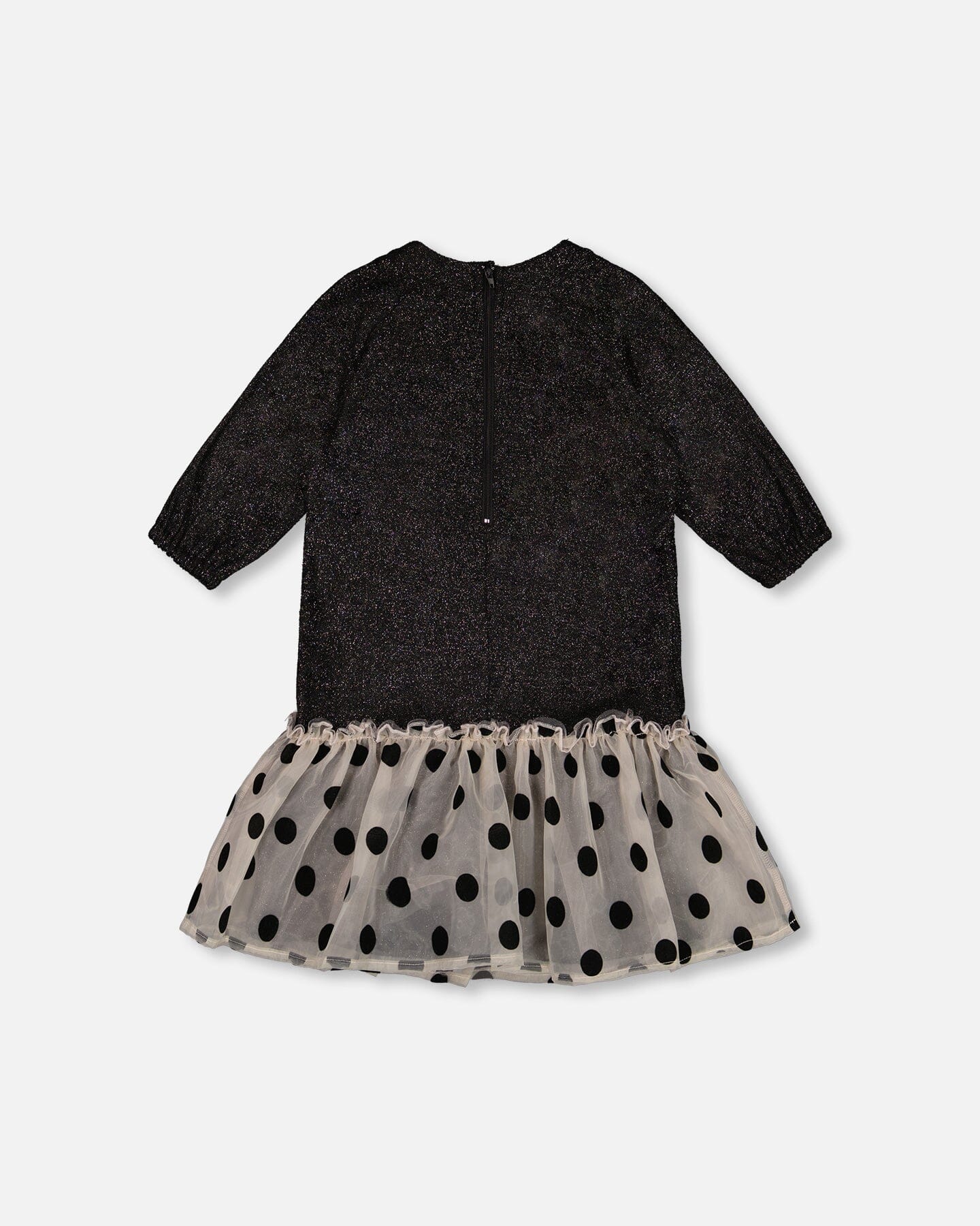 Bi-Material Long Sleeve Dress With Frill Shimmering Black-2