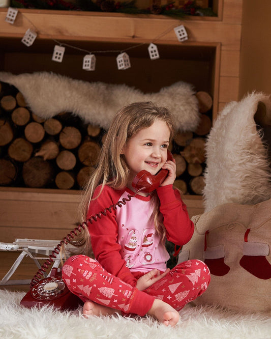 Organic Cotton Two Piece Pajama Set Red Printed Christmas Tree-1