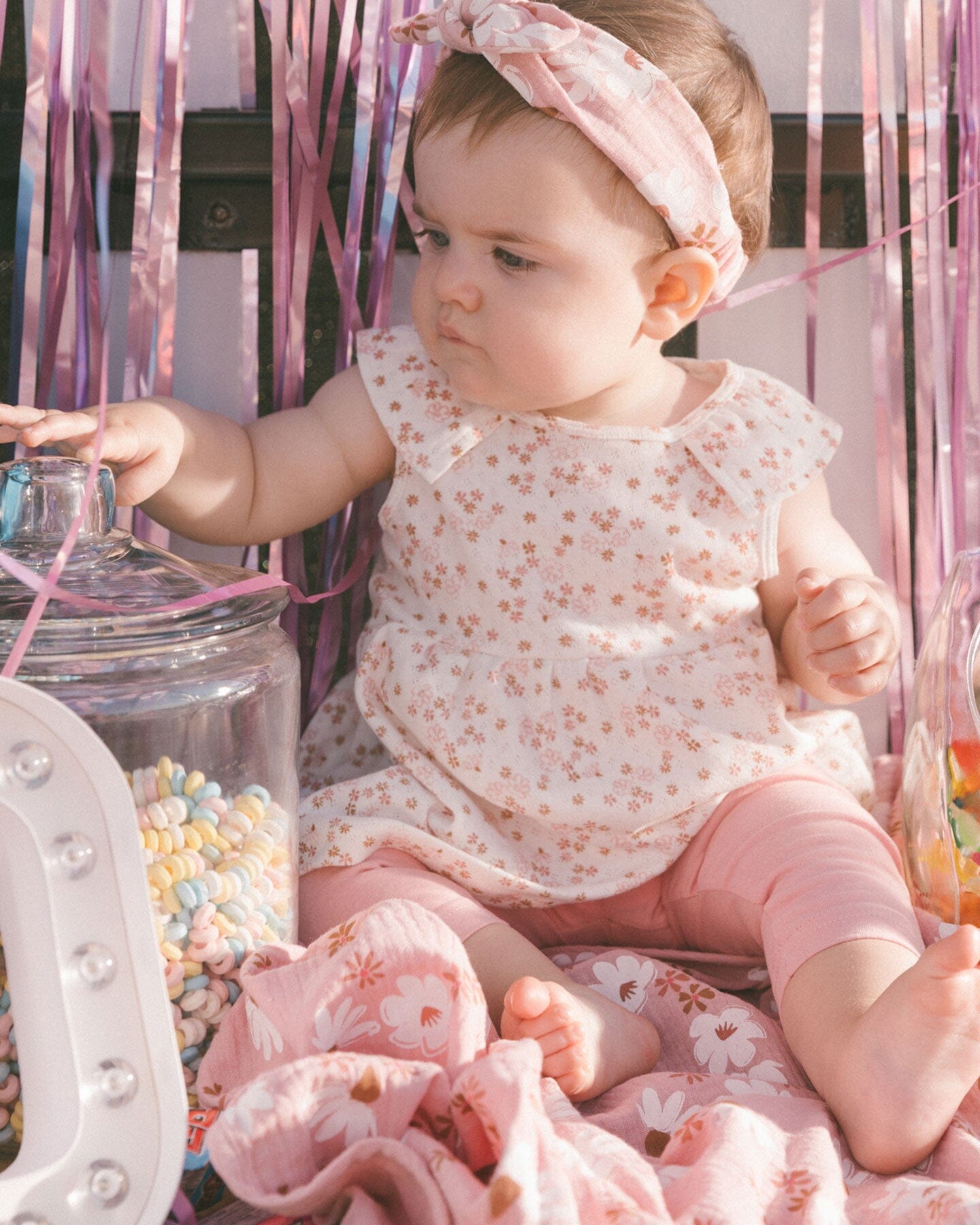 Printed Organic Cotton Tunic And Leggings Set White With Pink Flowers-4