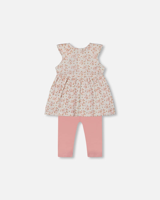 Printed Organic Cotton Tunic And Leggings Set White With Pink Flowers-1
