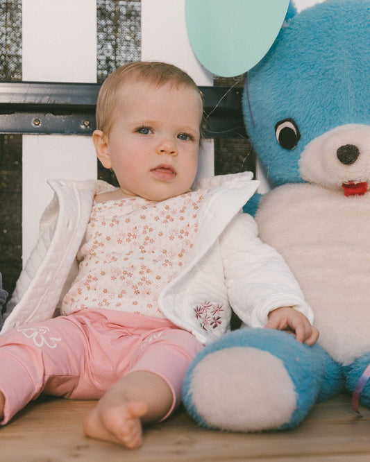 Organic Cotton Pointelle Romper Printed White And Pink Flowers-1