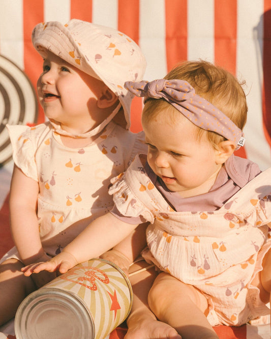 Printed Muslin Shortall And Organic Cotton Onesie Set Peach With Pears-1