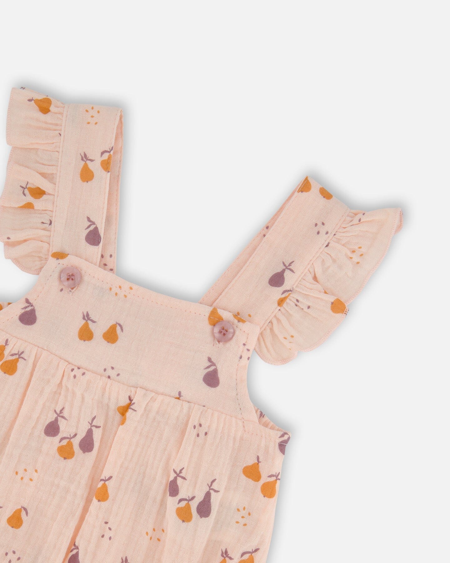Printed Muslin Shortall And Organic Cotton Onesie Set Peach With Pears-3