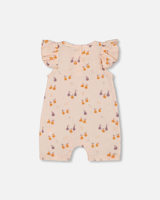 Printed Muslin One Piece Romper Peach With Pears-1