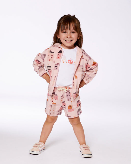 Printed French Terry Short Pink And Coral Houses-1