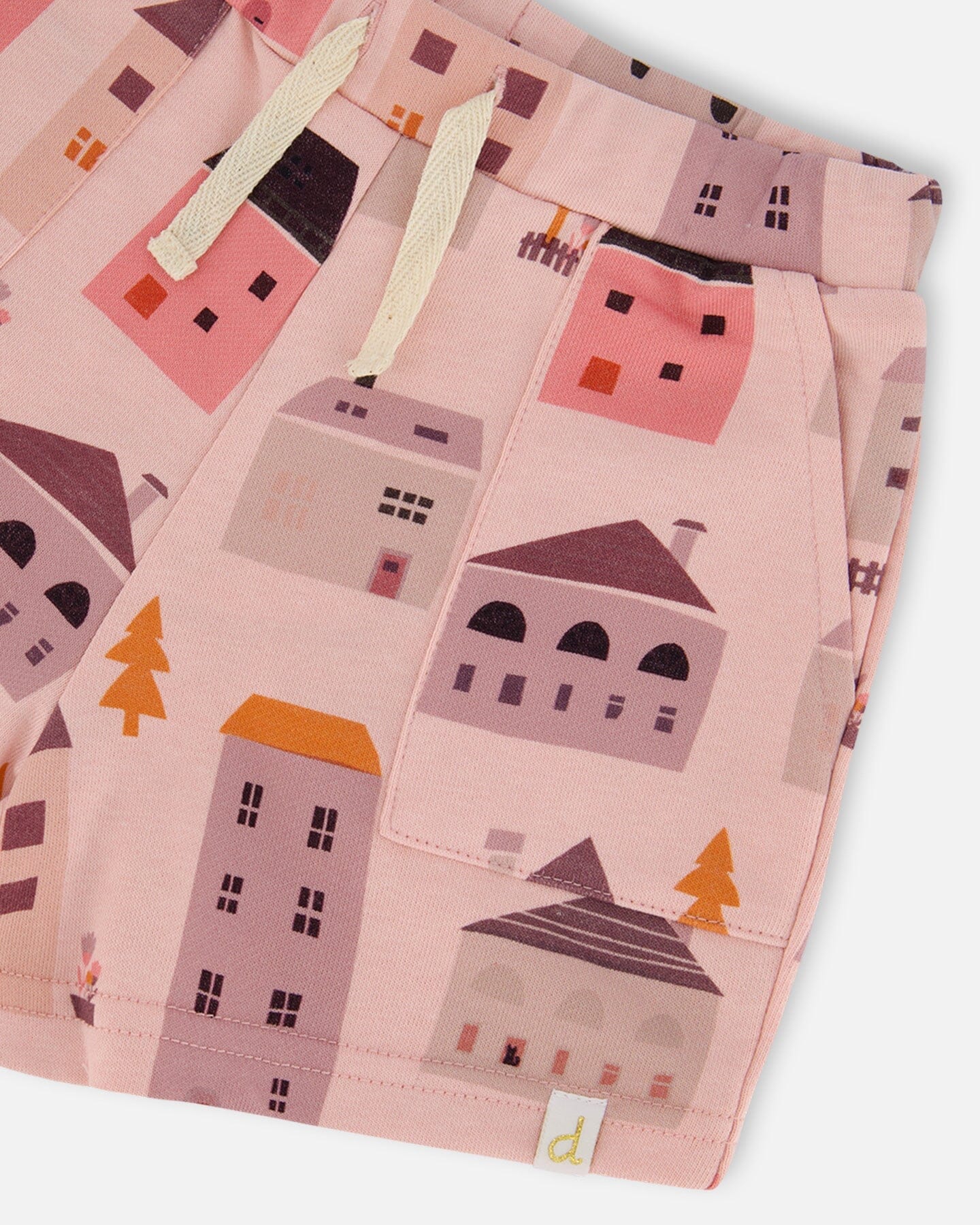 Printed French Terry Short Pink And Coral Houses-3