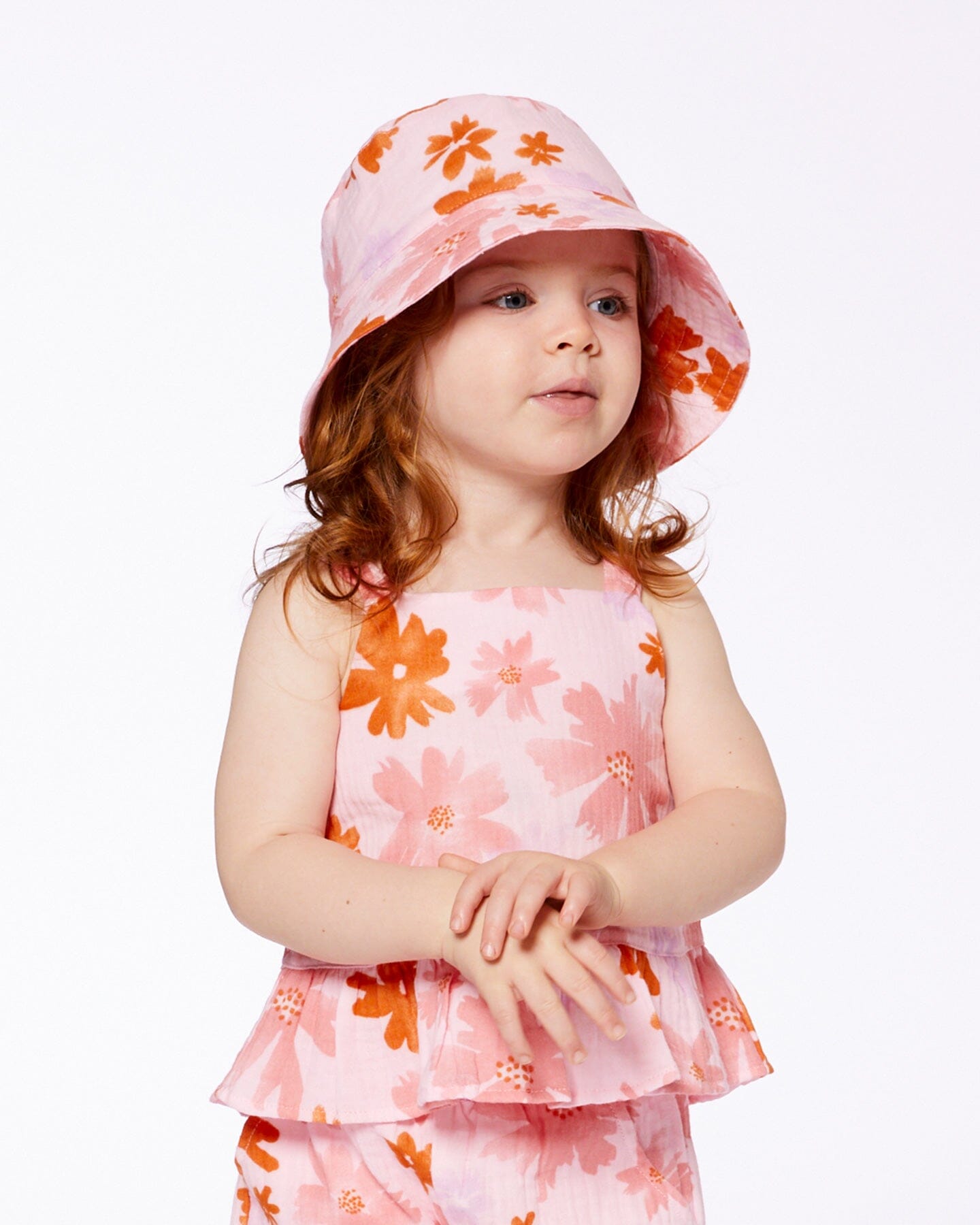 Printed Muslin Bucket Hat Pink And Coral Flowers-1