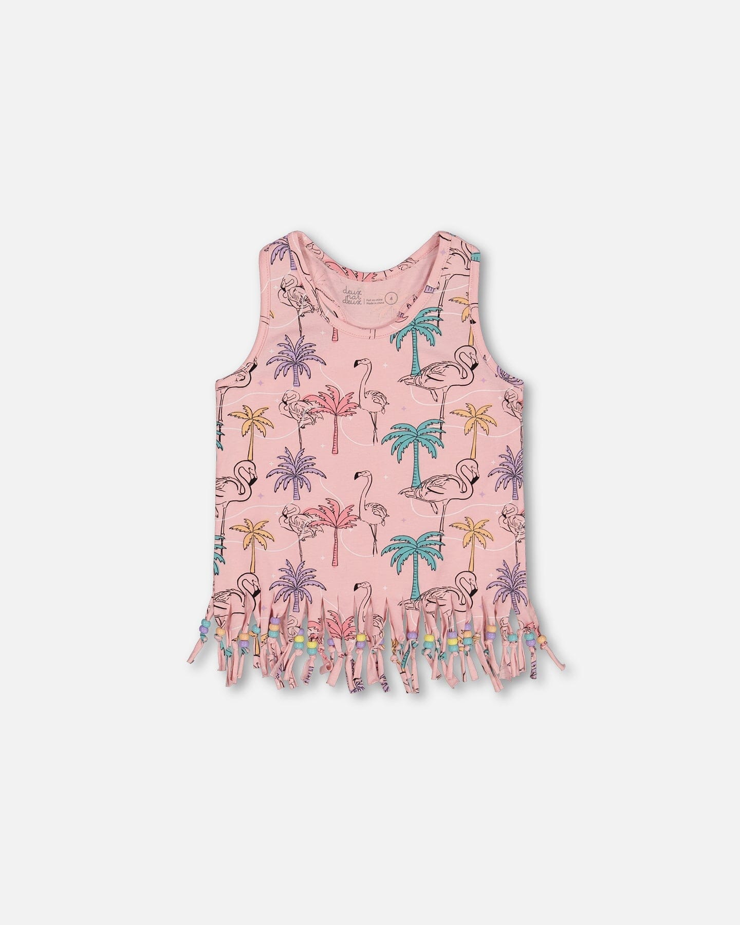 Printed Organic Cotton Tank Top With Fringe Palm Trees, Pink Flamingo, And Turquoise-0