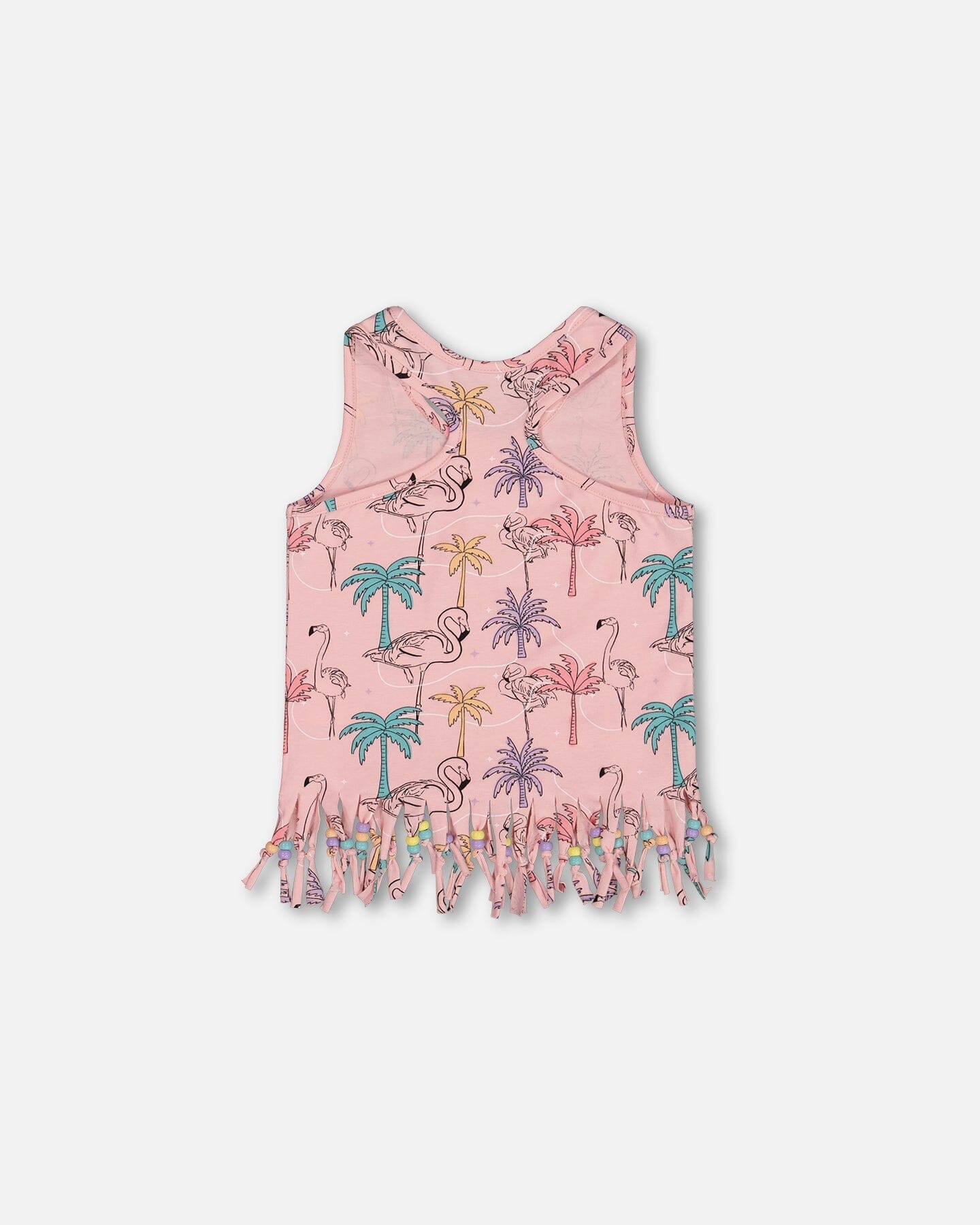 Printed Organic Cotton Tank Top With Fringe Palm Trees, Pink Flamingo, And Turquoise-2
