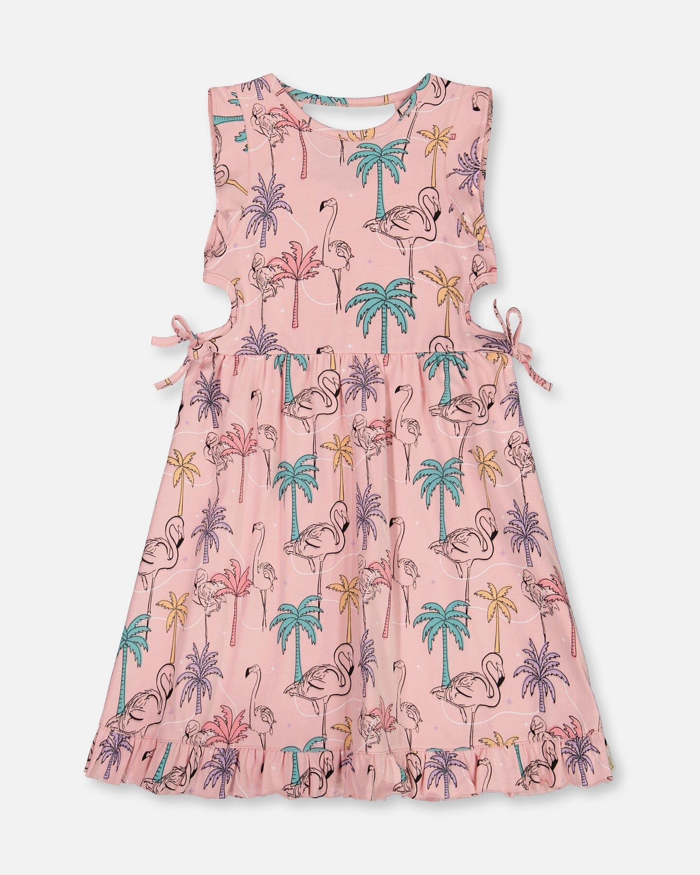 Printed Organic Cotton Dress With Cut Outs Palm Trees, Pink Flamingo, And Turquoise-0