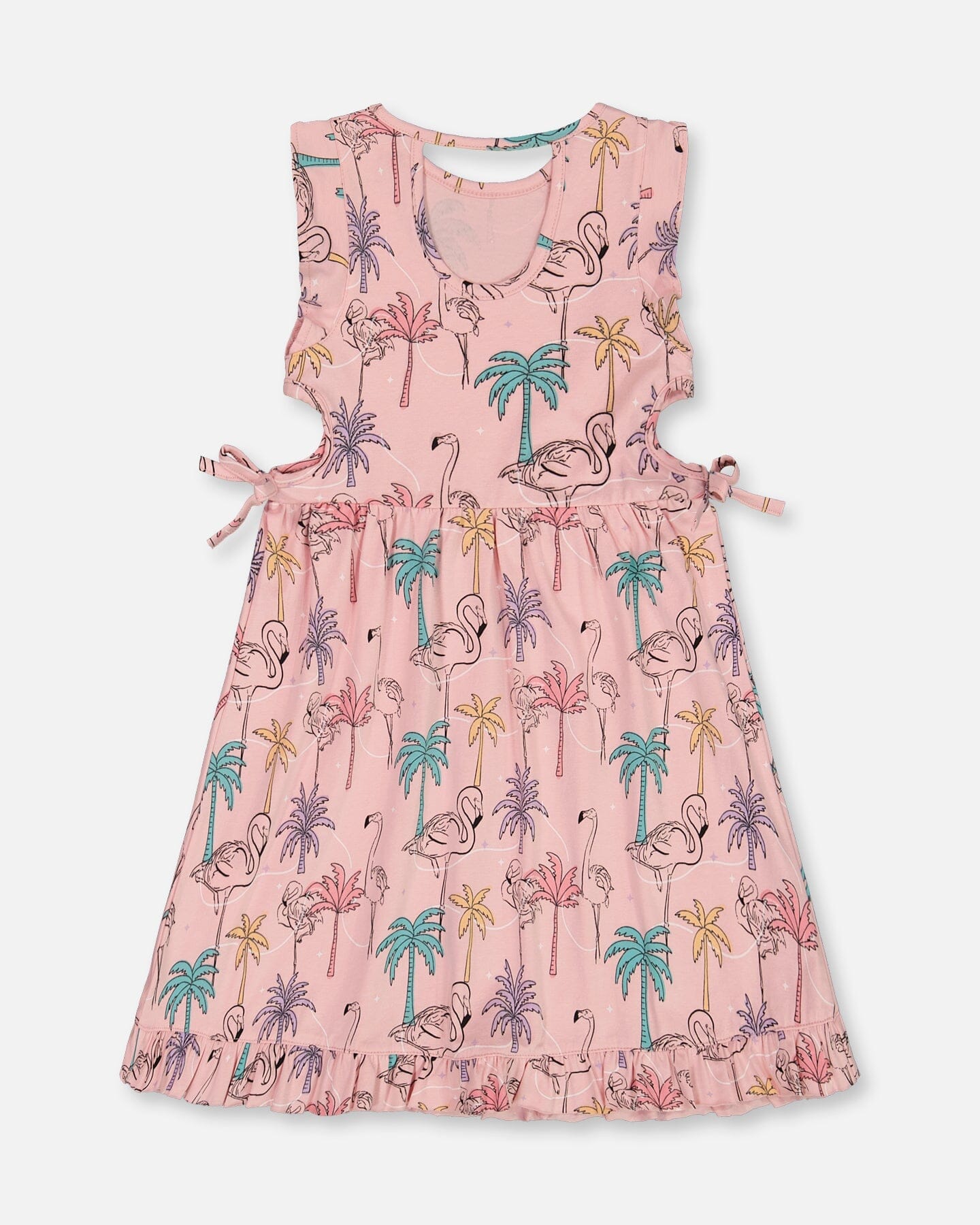 Printed Organic Cotton Dress With Cut Outs Palm Trees, Pink Flamingo, And Turquoise-2
