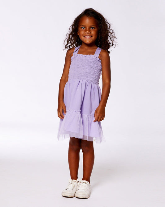 Smocked Organic Cotton Dress With Mesh Frill Lilac-1