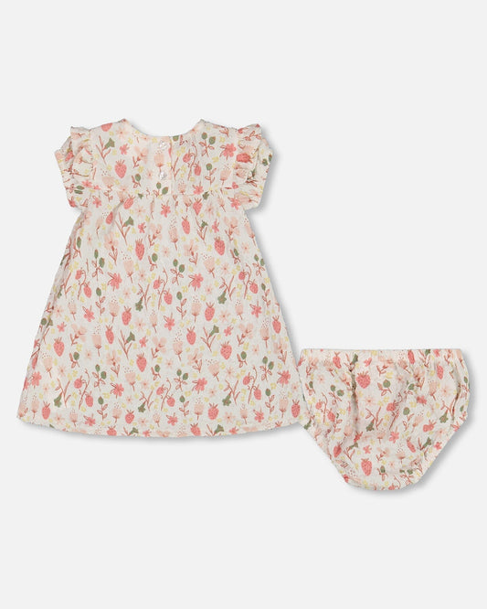 Printed Seersucker Dress And Bloomer Set Pink Flowers On Cream Background-1
