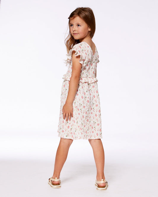Printed Seersucker Dress With Frill Pink Flowers On Cream Background-1