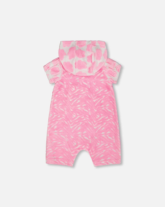 Printed Terry Romper With Hood Vibrant Pink And White-1