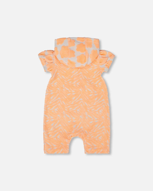 Printed Terry Romper With Hood Vibrant Orange And White-1