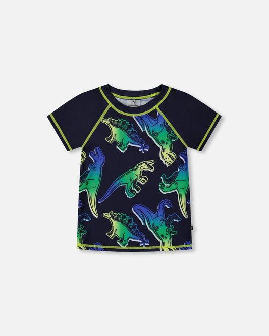 Short Sleeve Rashguard Blue And Green Dino On Navy-0