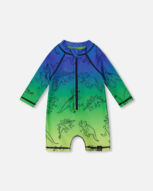 Printed Long Sleeve One-Piece Rashguard Vibrant Blue And Green Dino-0
