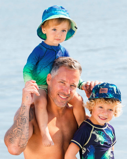 Printed Long Sleeve One-Piece Rashguard Vibrant Blue And Green Dino-1