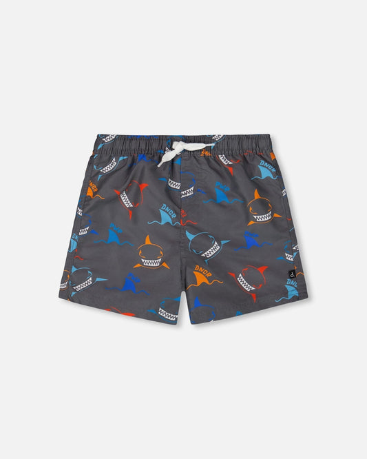 Printed Boardshorts Orange, Red, And Blue Sharks On Gray-0