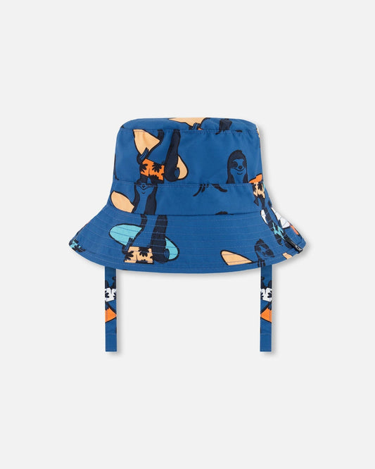 Printed Beach Hat Orange Sloths On Navy Blue-0