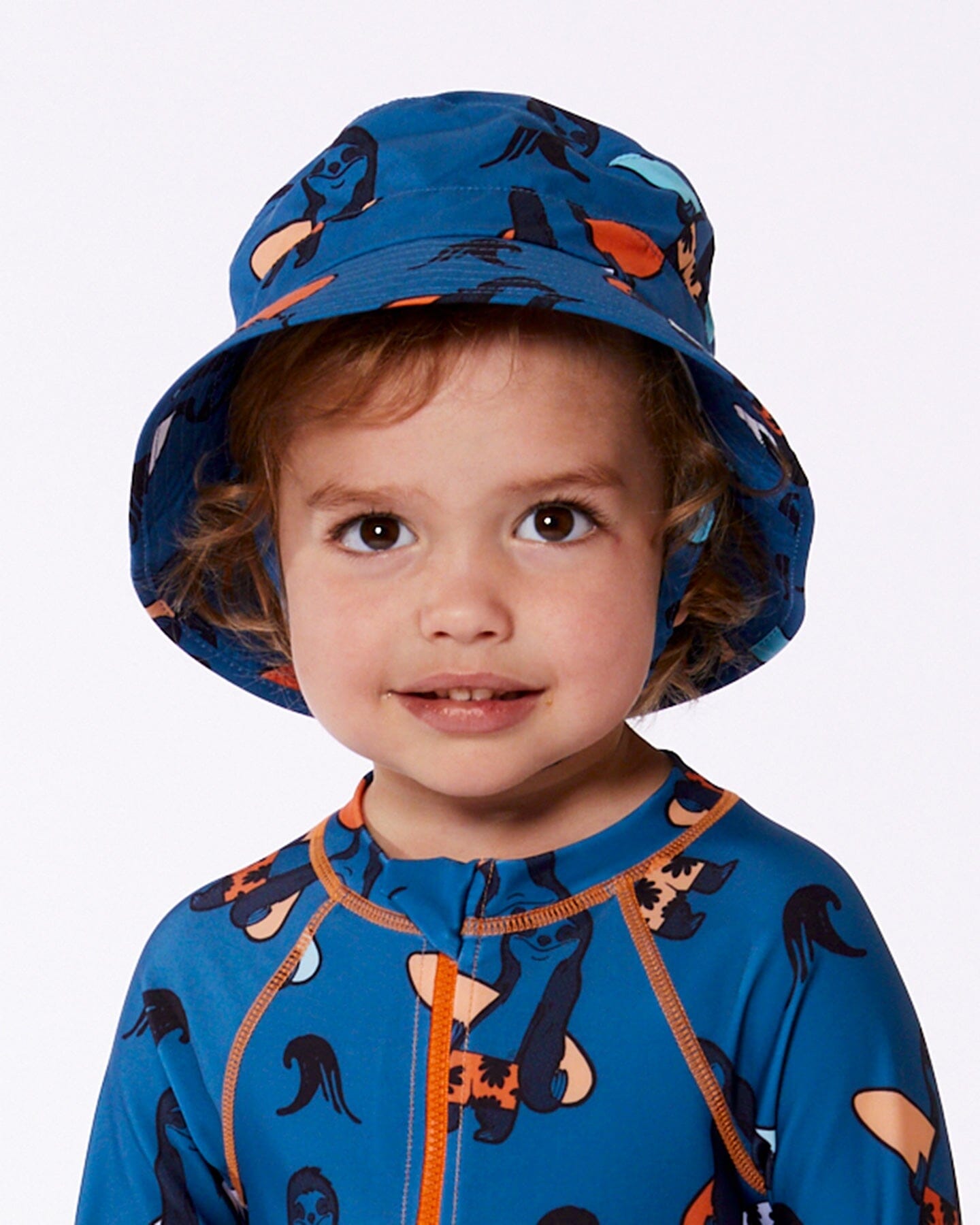 Printed Beach Hat Orange Sloths On Navy Blue-2