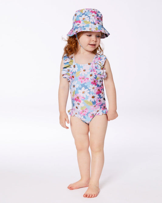 Printed One-Piece Swimsuit With Frills White, Pink, And Green Flowers-1