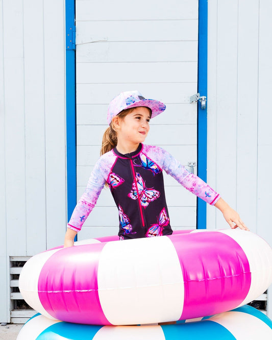 Printed Long Sleeve One-Piece Rashguard Black And Multicolored Butterflies-1