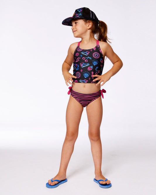 Printed Two-Piece Swimsuit Black And Blue And Pink Items-1