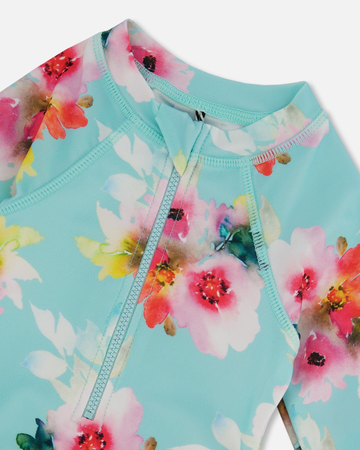 Printed One-Piece Rashguard With Frills Turquoise And Pink Flowers-4