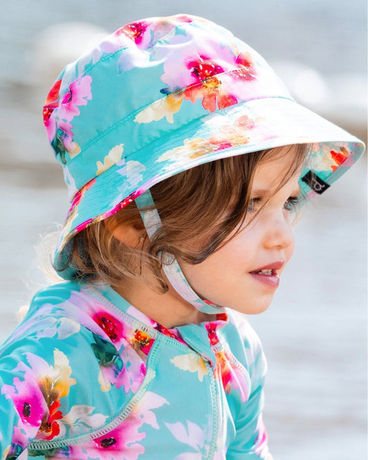 Printed Beach Sun Hat Turquoise And Pink Flowers-1