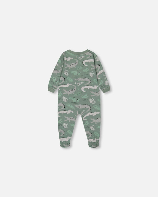 Printed Organic Cotton One-Piece Pajama Light Sage And Gray Crocodile-1