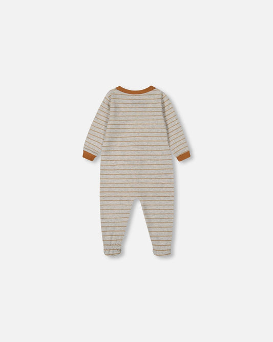 Printed Organic Cotton One-Piece Pajama Dinosaur On Mottled And Tan Background-1