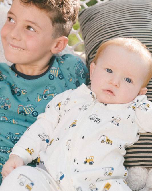 Printed Organic Cotton One-Piece Pajama Off-White And Multi Truck-1