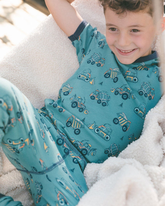 Organic Cotton Two-Piece Short Sleeve Top And Pant Pajama Set Teal With Yellow Truck-1