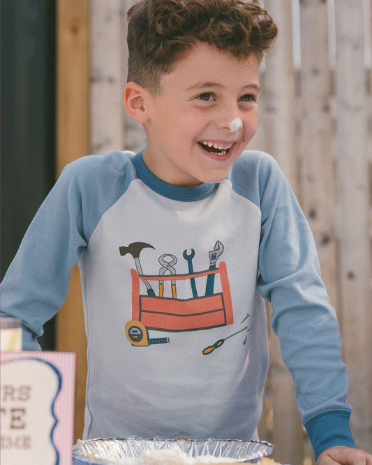 Organic Cotton Long Sleeve Top And Pants Two-Piece Pajama Set Tools On Bluish Gray Background-1