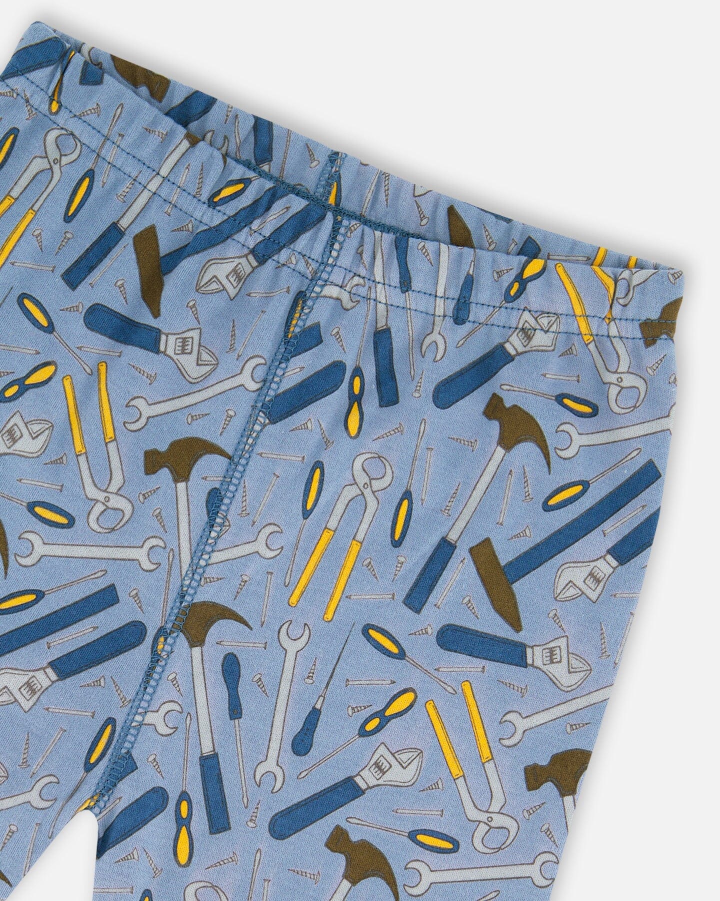 Organic Cotton Long Sleeve Top And Pants Two-Piece Pajama Set Tools On Bluish Gray Background-4