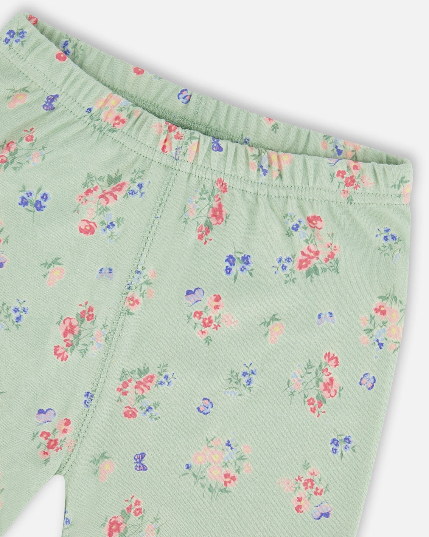 Organic Cotton Two-Piece Short Pajama Set Small Pink And Blue Flowers On Light Sage-4
