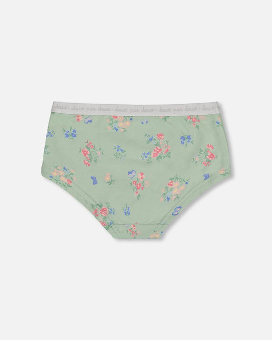 Printed Organic Cotton Boyshort Panty Small Pink And Blue Flowers On Light Sage-1
