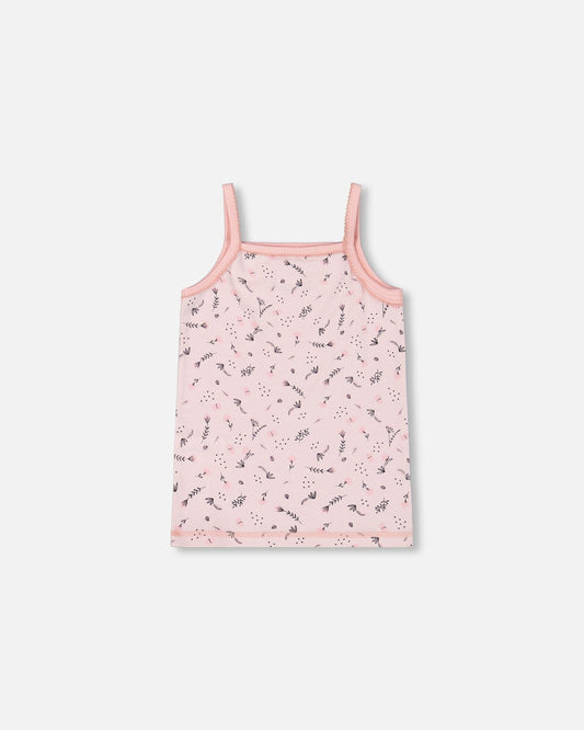 Printed Organic Cotton Tank Top Small Pink Flowers On Pale Pink Background-1