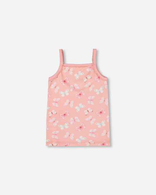 Printed Organic Cotton Tank Top Pink And Blue Butterflies On Old Pink-1