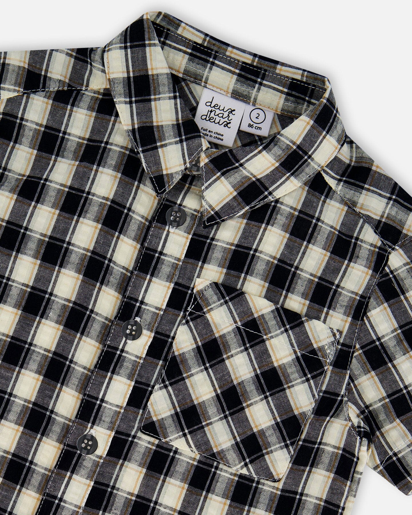 Short Sleeve Button Down Shirt Black And Beige Plaid-4