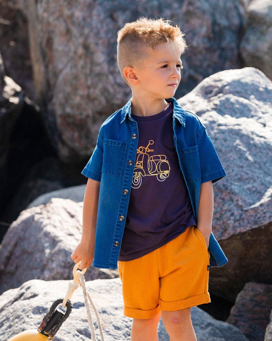 Short Sleeve Button Down Shirt Dark Denim Blue-1