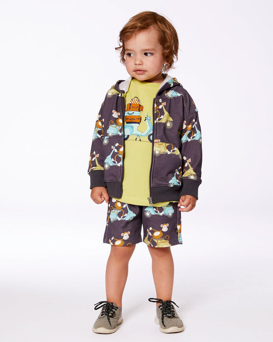 Printed French Terry Short Monkey On Navy Moped-1