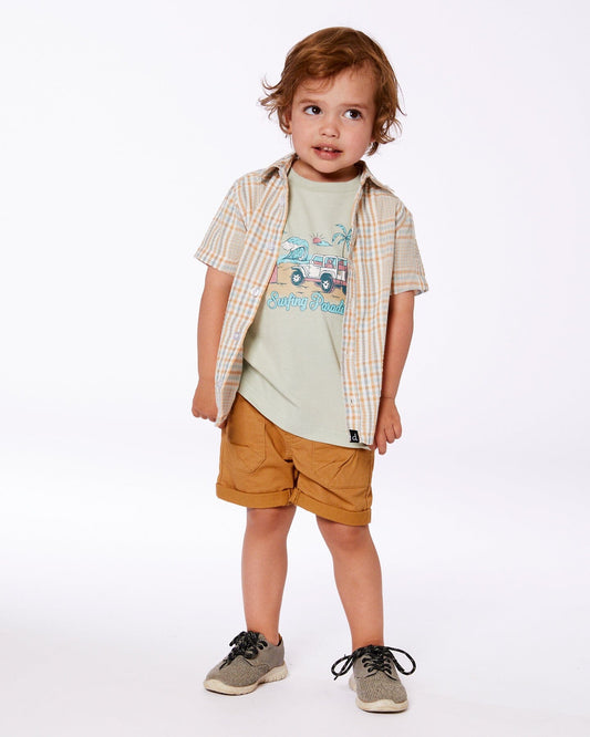 Short Sleeve Button Down Shirt Beige And Sage Plaid-1