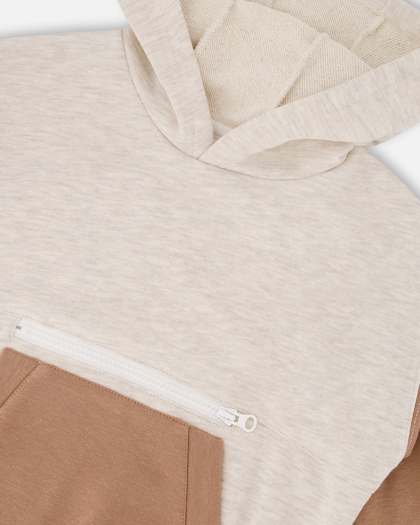 French Terry Color Block Pullover Hoodie Sweatshirt Beige And Off-White-3