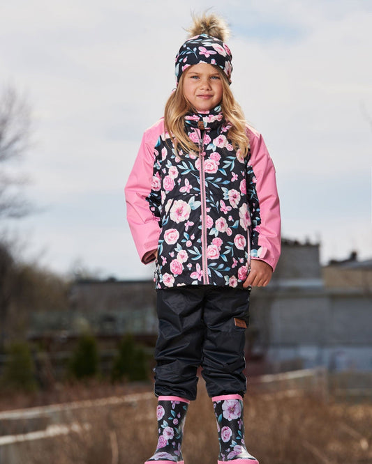 3-In-1 Mid-Season Outerwear Set With Printed Jacket Pink, Black, And Flowers-1